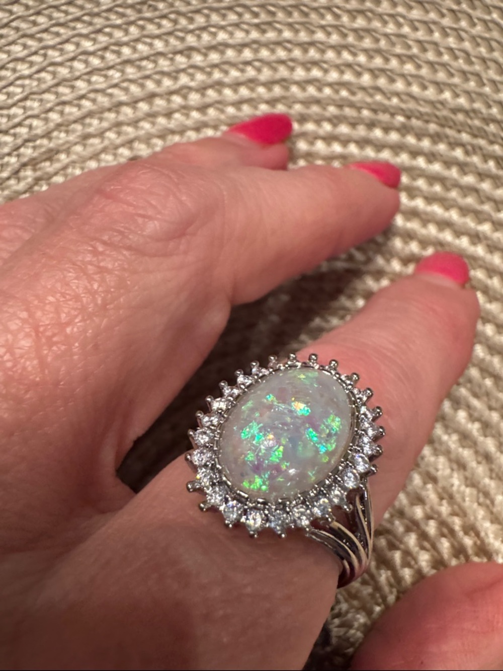 White Opal & Cubic Zirconia Halo Ring sz9 - Picture 2 of 4